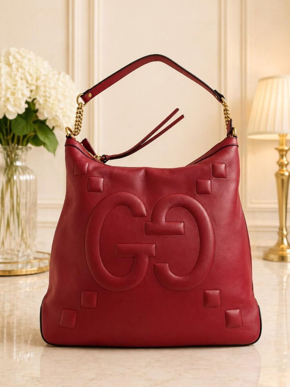Authentic Gucci Embossed GG Leather Red Shoulder Designer Bag